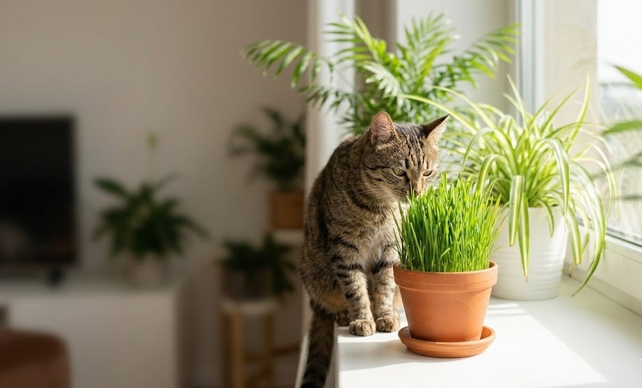 Zvědavá kočka a jedovaté rostliny pro kočky v bytě